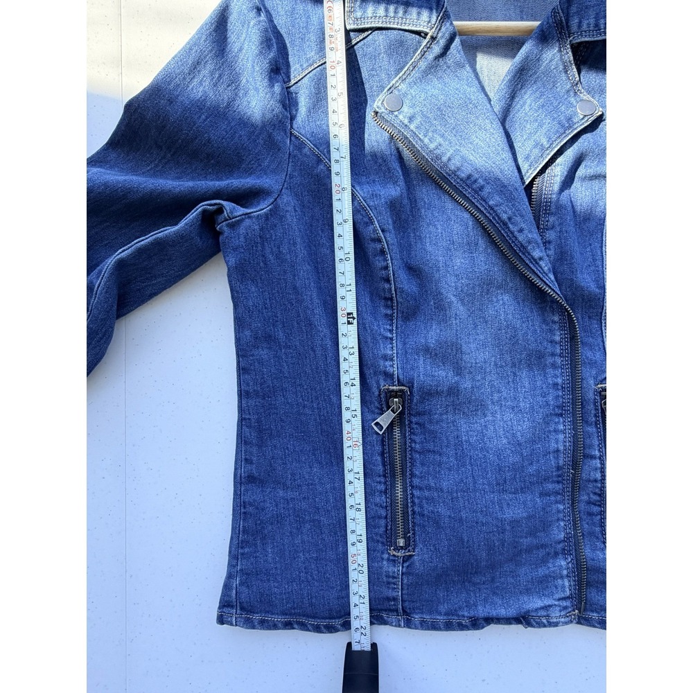 Kate & Mallory Denim Moto Jacket M Asymmetrical Zip Stretch Biker 80s Style - Picture 7 of 9